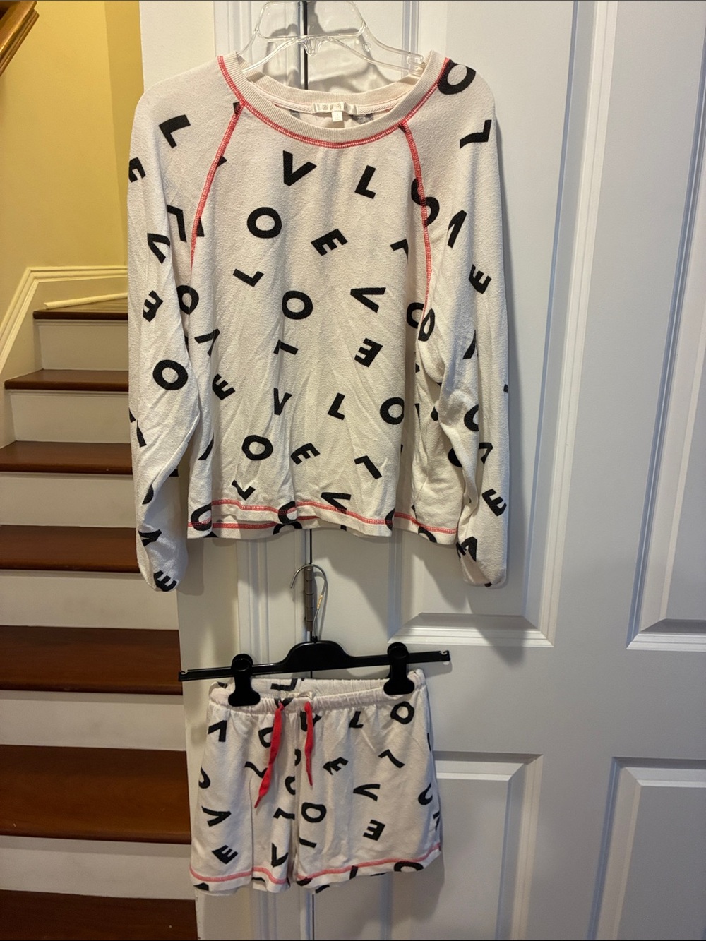Z Supply Love Print Pajama Set - White w/Blk Letters & Pink Trim Top Sz S Bot XS